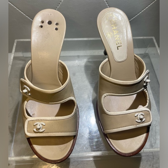 CHANEL vitage padlock coco MARK sandals sz 37.5 heels leather - Picture 1 of 16